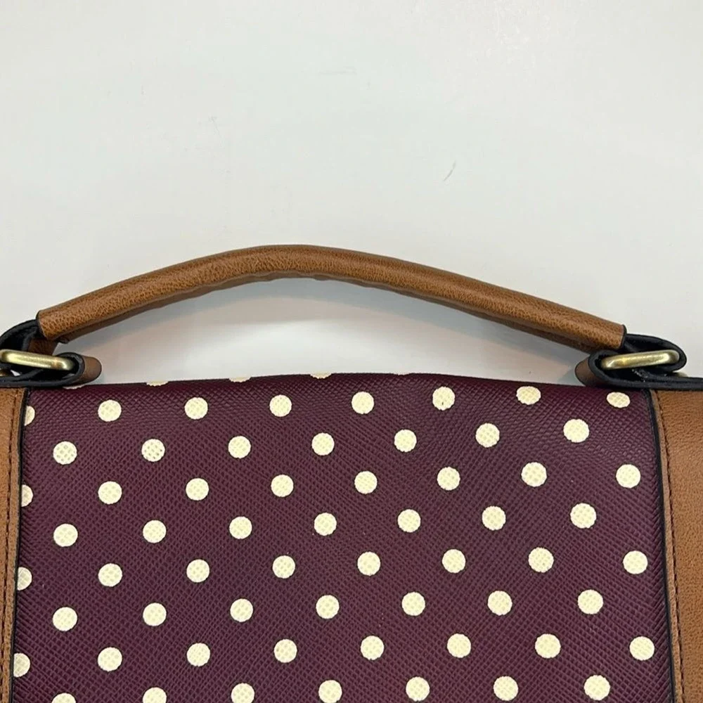 Burgundy Polka Dot Satchel Bag Tan Trim Crossbody Messenger‎ Top Handle Retro